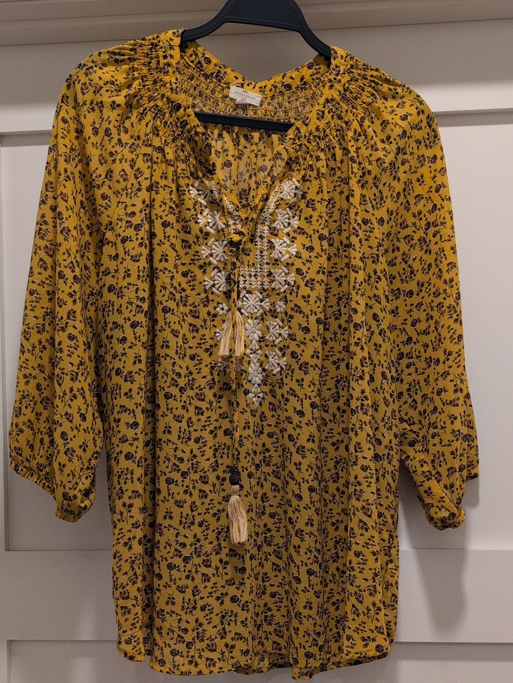 Embroidered Mustard Floral Peasant Tunic - Women